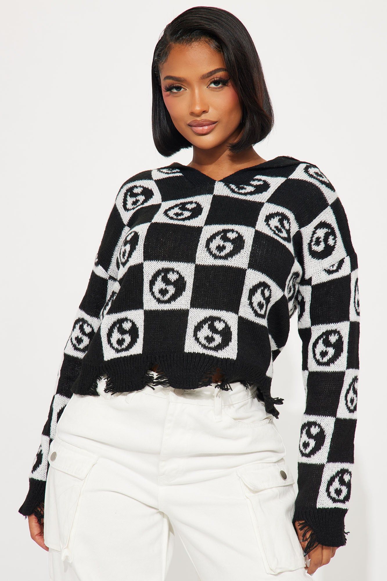 Always Ying Yang Hooded Sweater - Black/combo sold by Fashion Nova