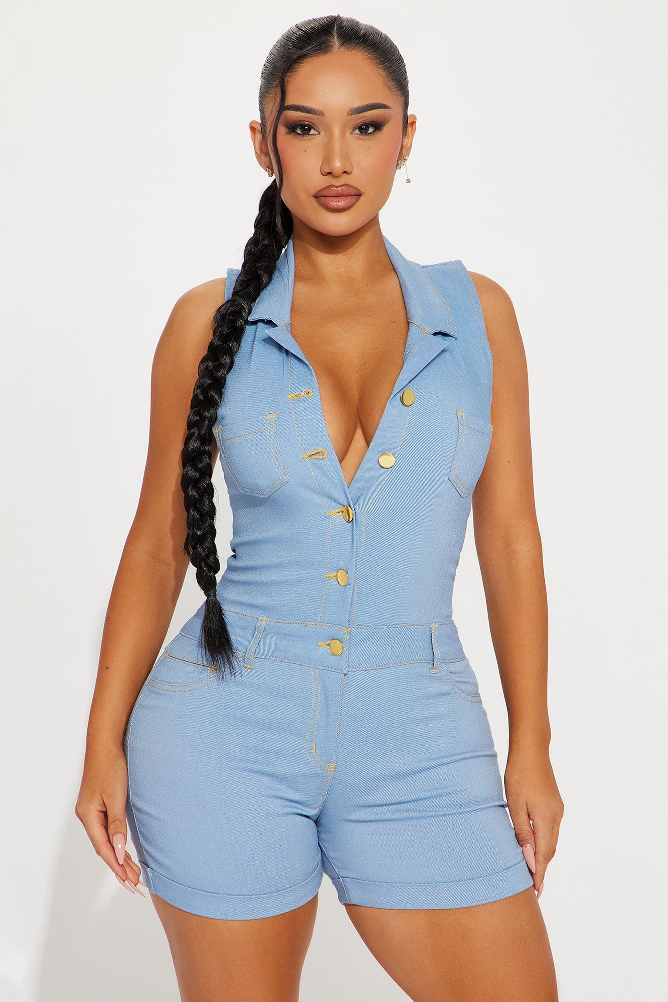 Look At You Super Stretch Romper - Medium Wash sold by Fashion Nova