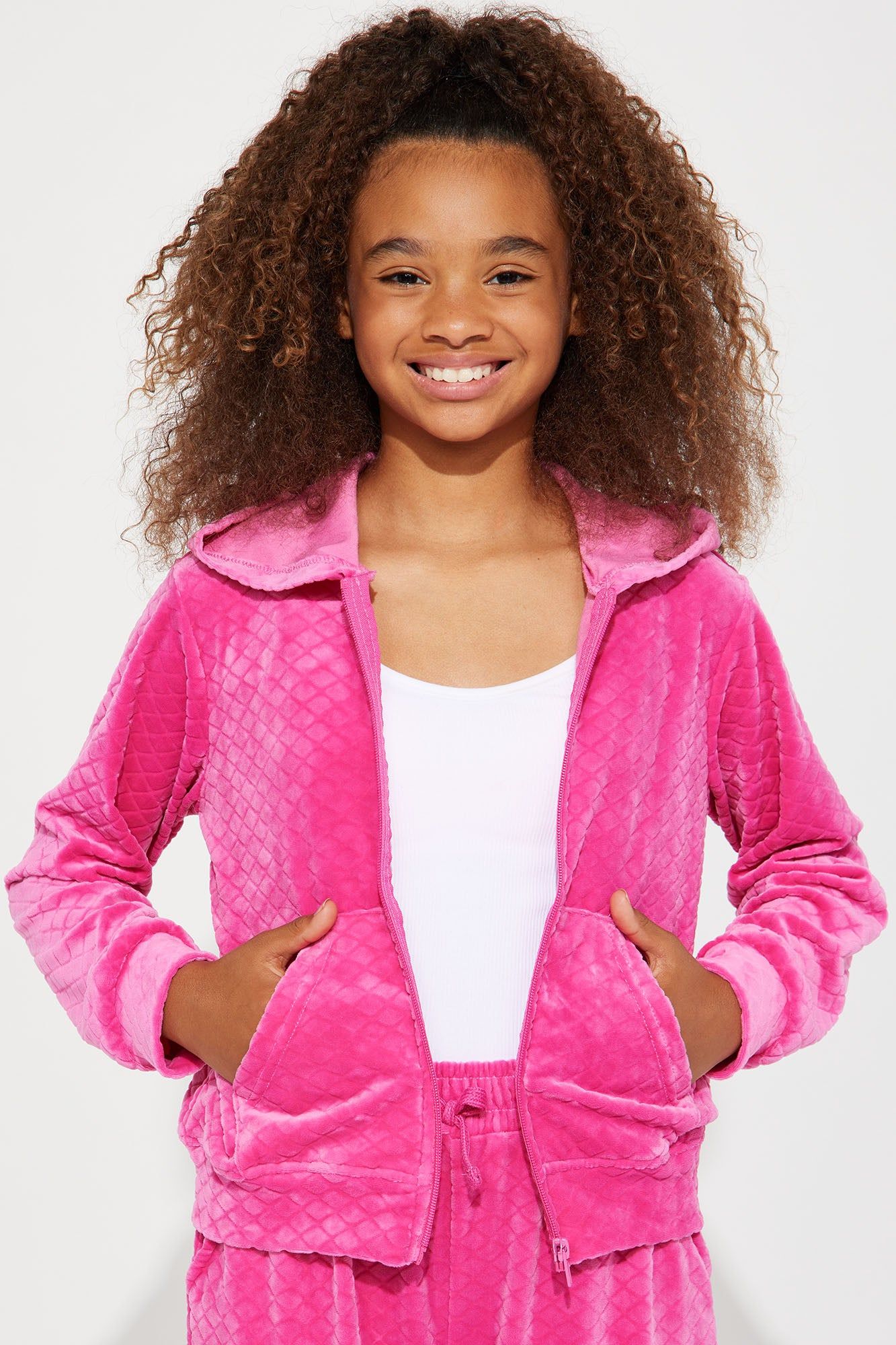 Mini Embossed Velour Zip Up Hoodie - Fuchsia sold by Fashion Nova