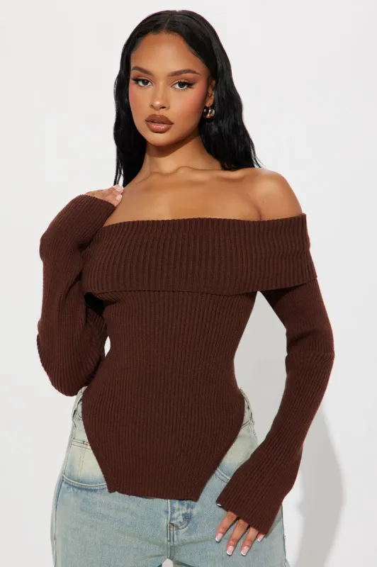 Karma Off Shoulder Sweater - Chocolate sold by Fashion Nova