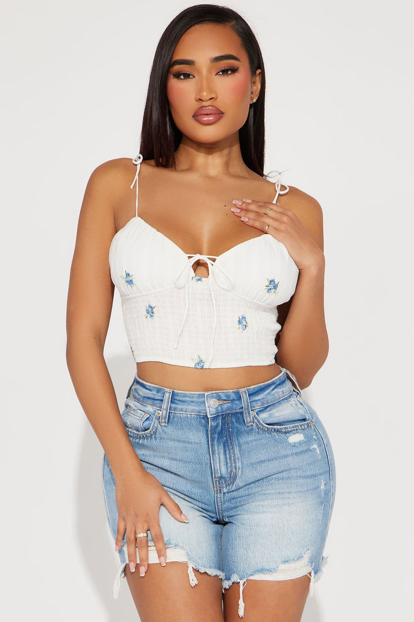 Here To Stay Floral Top - White/Blue sold by Fashion Nova