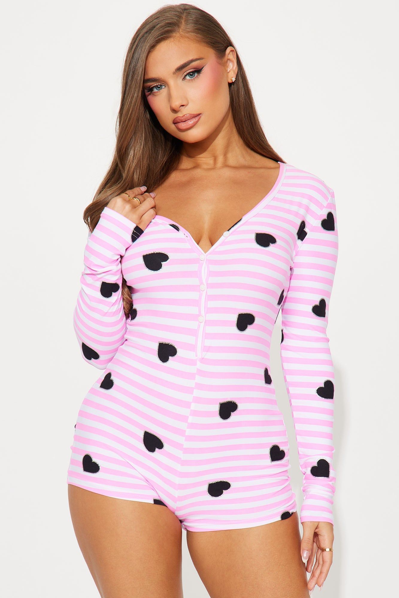 All My Heart Long Sleeve PJ Romper Onesie - Pink/combo sold by Fashion Nova