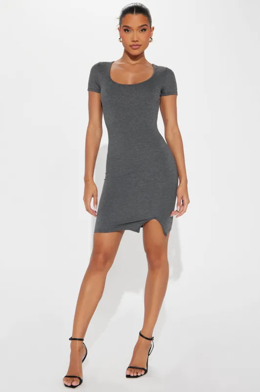 Stay True Scoop Neck Mini Dress - Charcoal sold by Fashion Nova