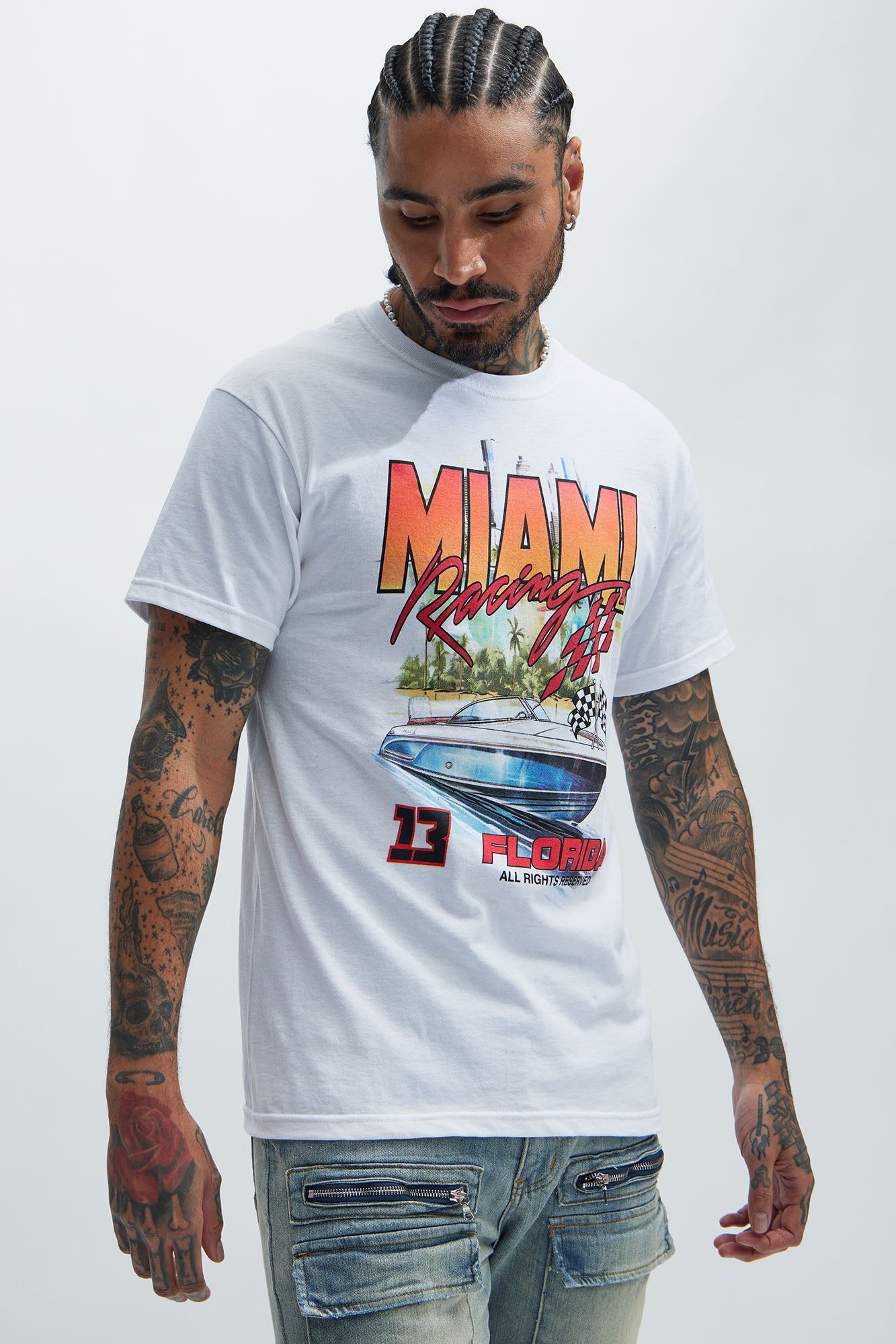 Miami Racing Short Sleeve Tee - White sold by Fashion Nova