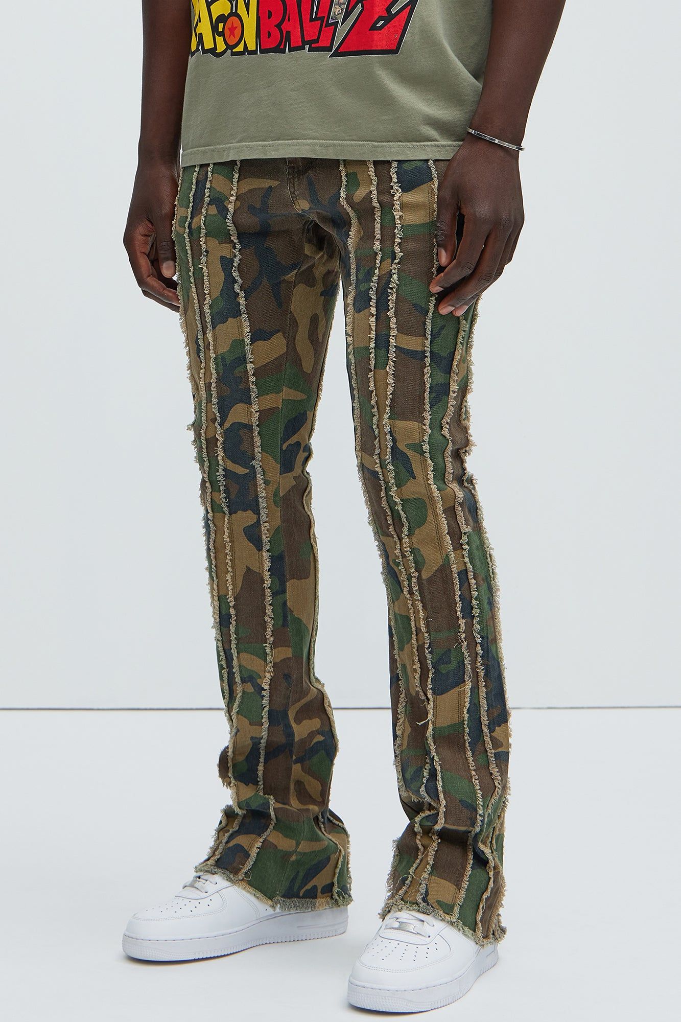 Going Down Fray Stacked Skinny Flare Pants - Camouflage sold by Fashion Nova