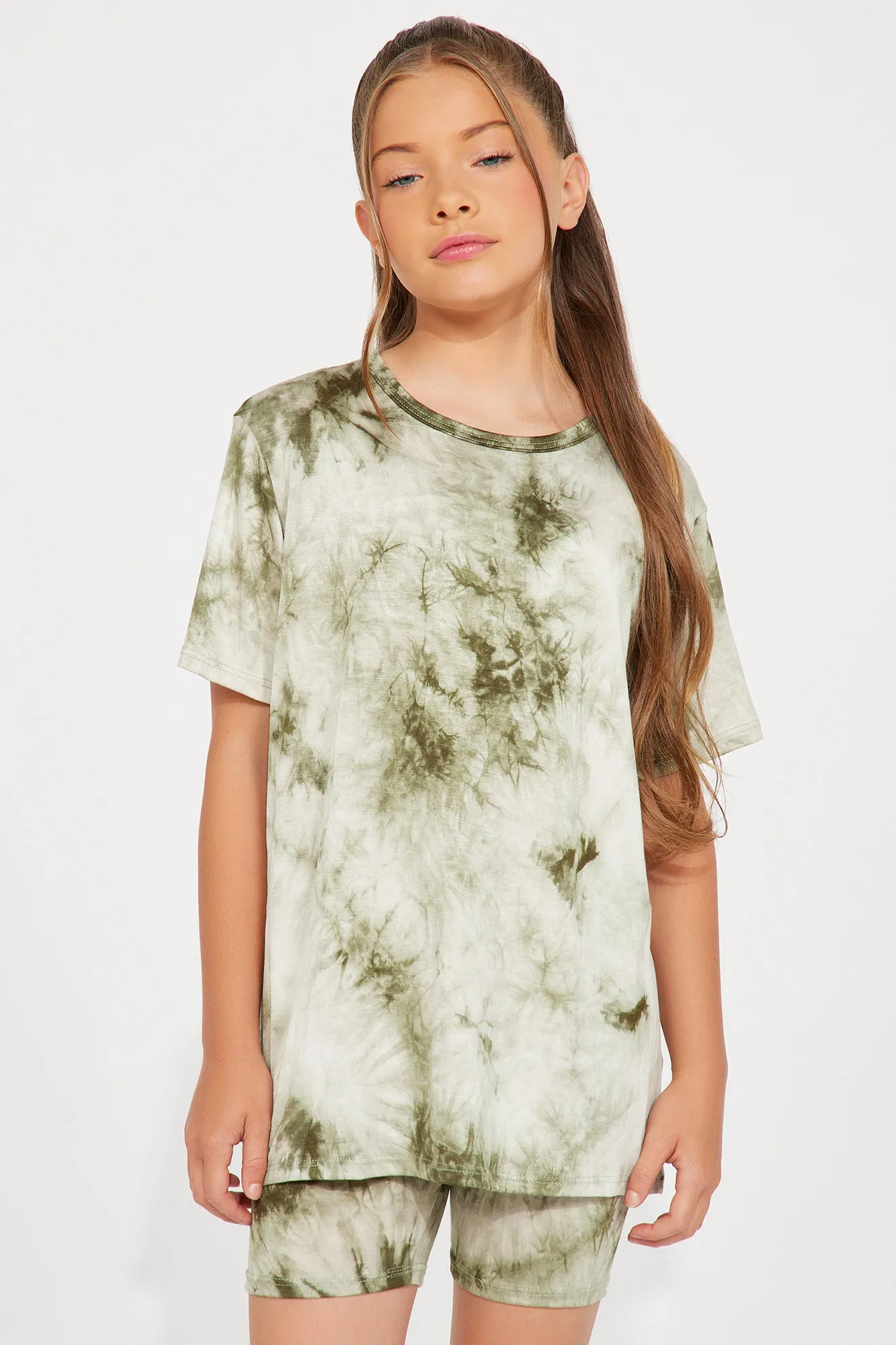 Mini Chelsea Tie Dye Oversize Top Short Set - Olive/combo sold by Fashion Nova