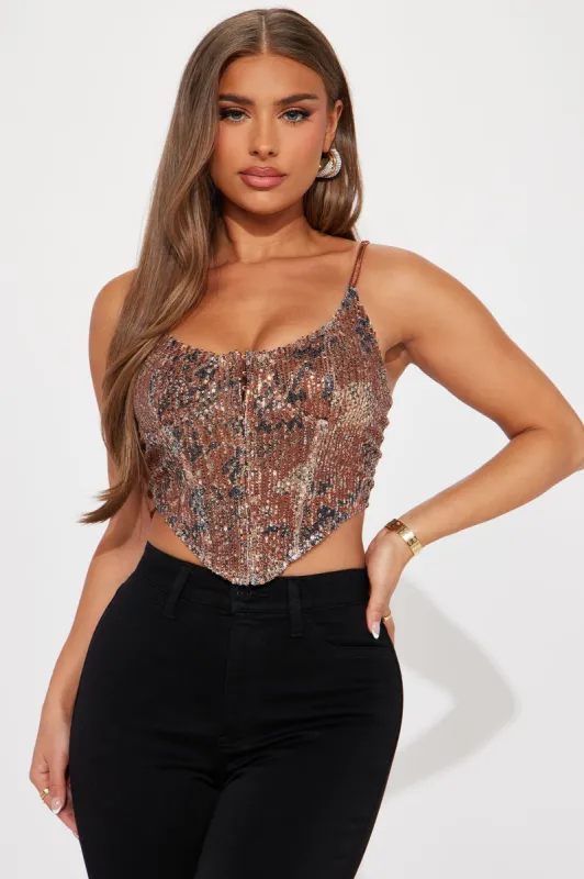 Under The Stars Sequin Corset Top - Brown/combo sold by Fashion Nova