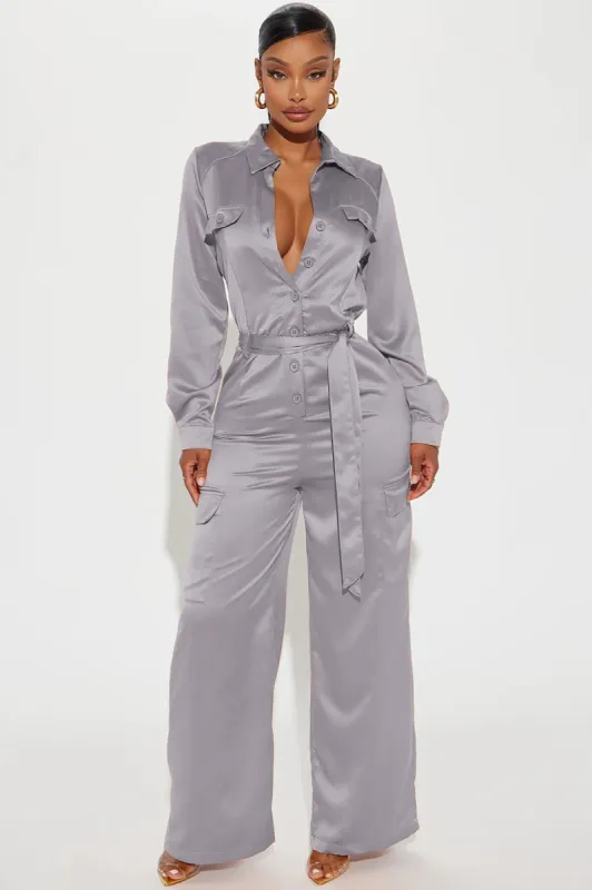 Get With It Satin Jumpsuit - Gunmetal sold by Fashion Nova