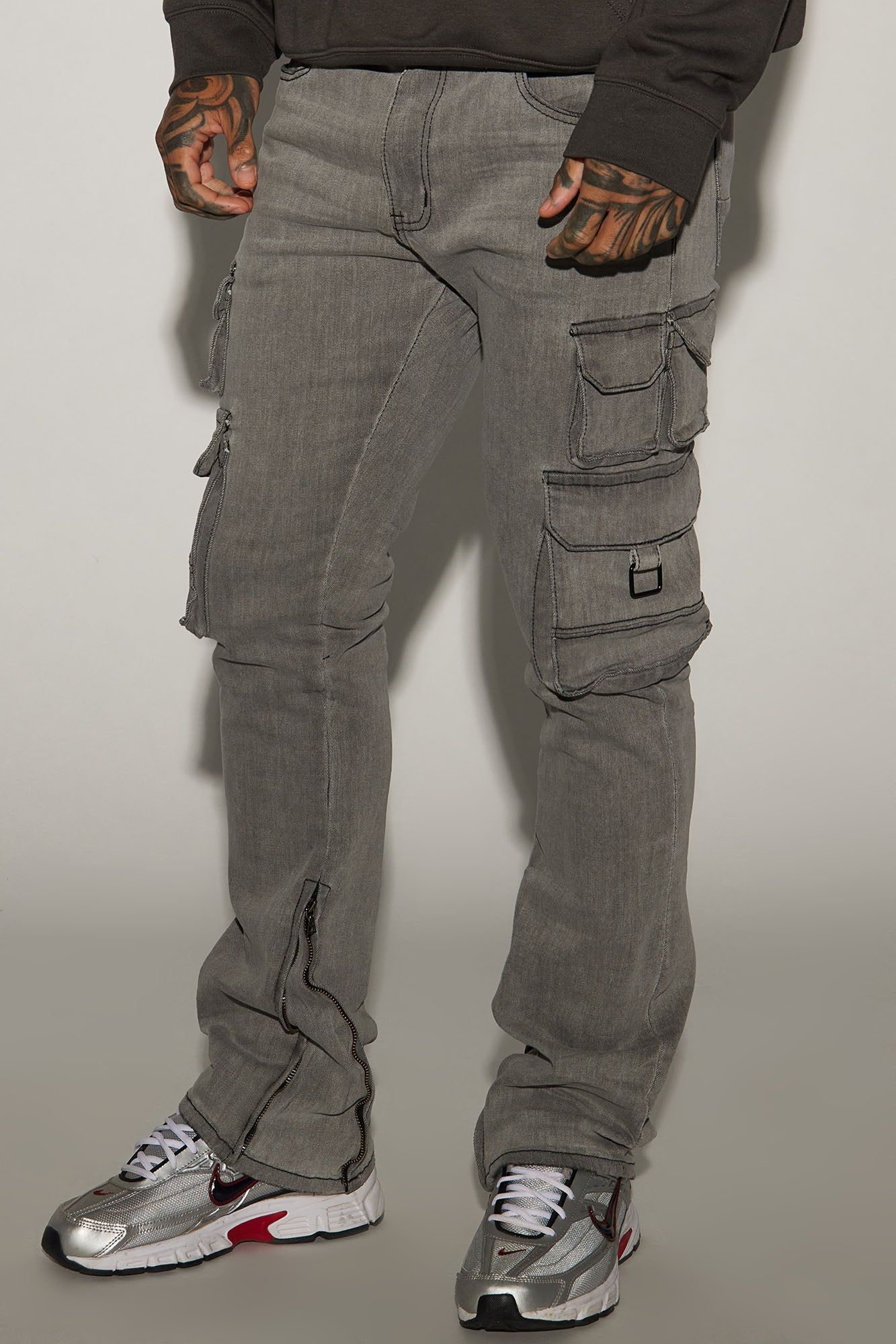 Get This Cargo Stacked Skinny Zipper Flare Jeans - Grey sold by Fashion Nova