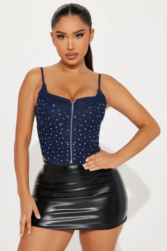 Night Sky Rhinestone Denim Corset Top - Dark Wash sold by Fashion Nova