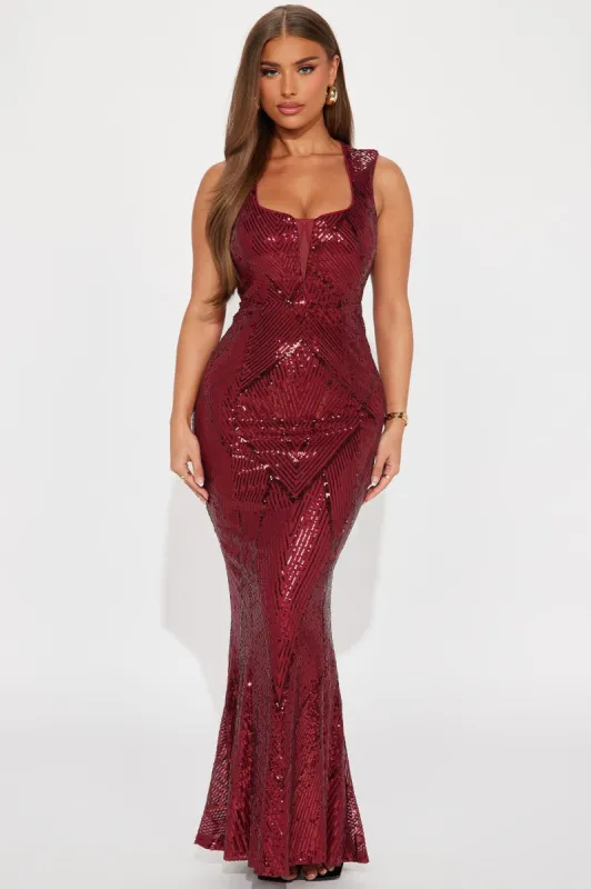 Audrey Sequin Maxi Dress - Wine sold by Fashion Nova