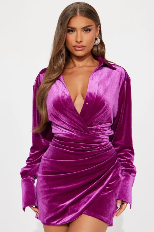 Aria Velvet Mini Shirt Dress - Magenta sold by Fashion Nova