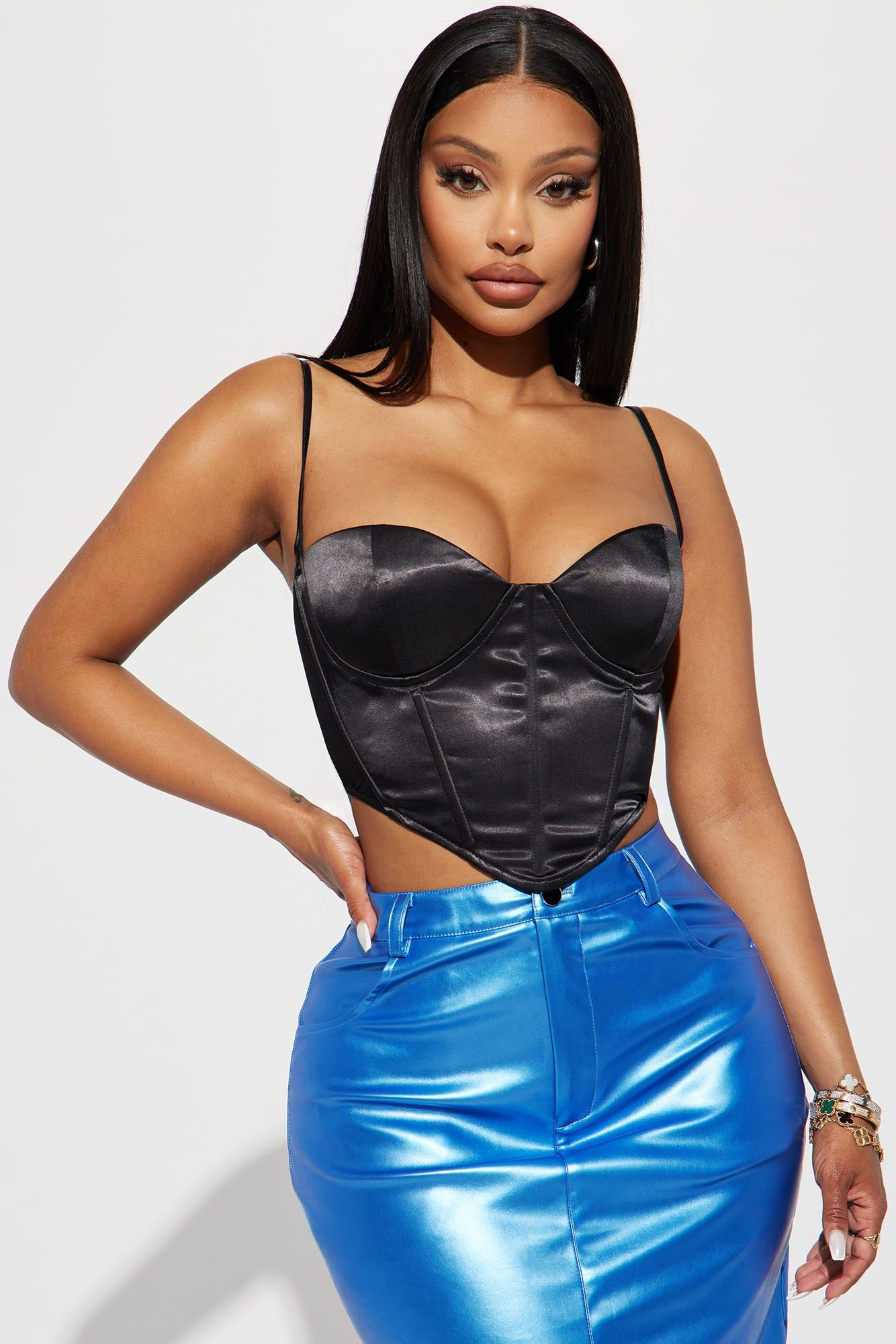 Stella Satin Corset Top - Black sold by Fashion Nova
