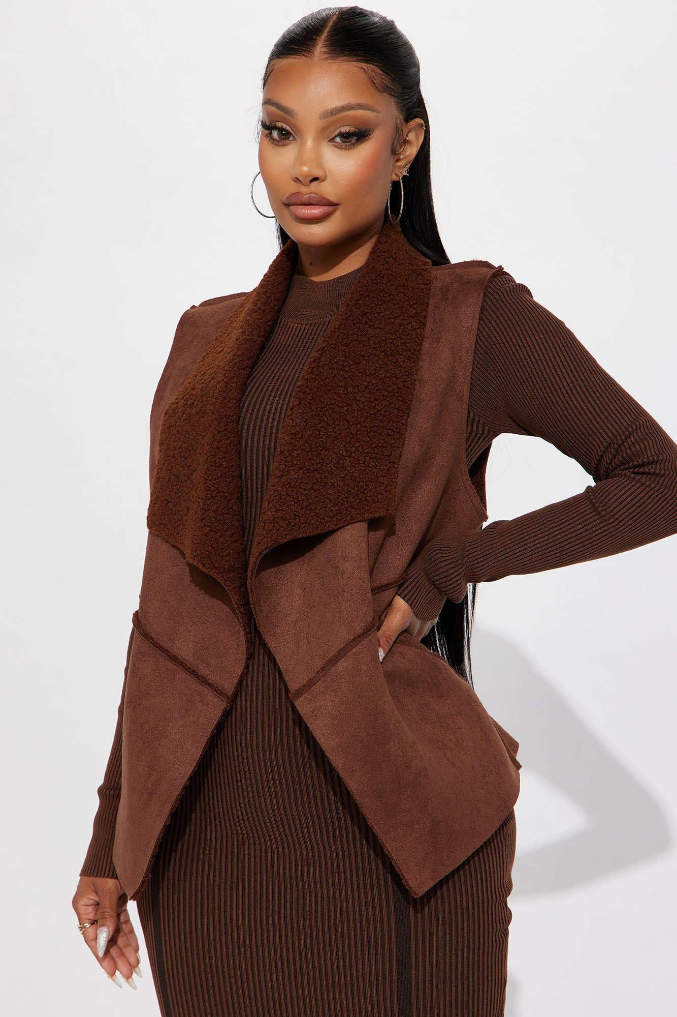 Cabin Cutie Shearling Vest - Brown sold by Fashion Nova