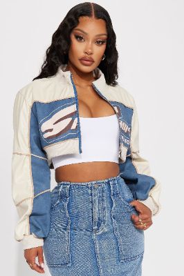 Sporty Spice Faux Leather Cropped Jacket - Taupe/combo sold by Fashion Nova