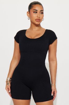 Plie Seamless Ribbed Active Romper - Black sold by Fashion Nova