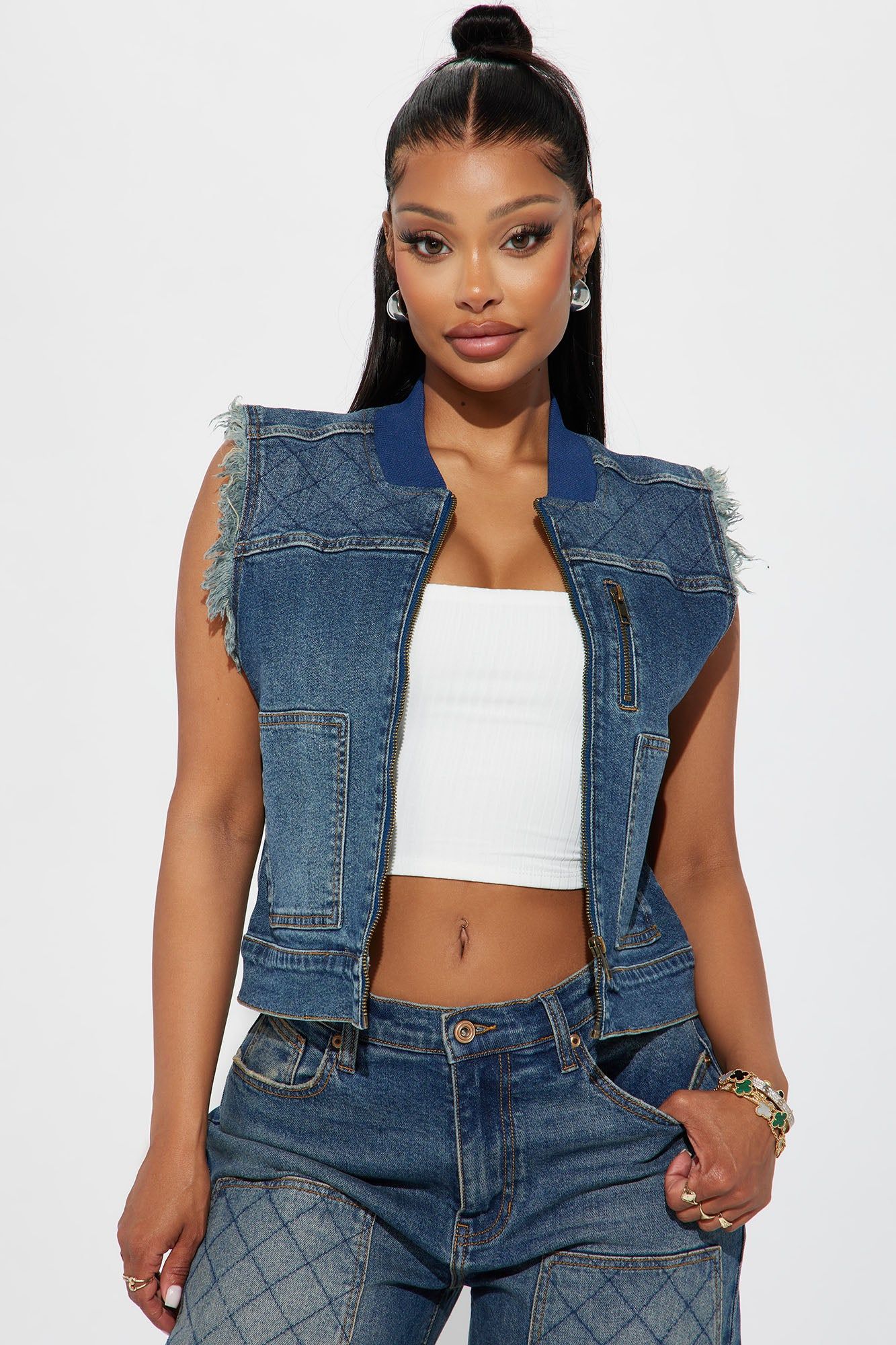 Midnight Streets Quilted Denim Utility Vest - Dark Wash sold by Fashion Nova