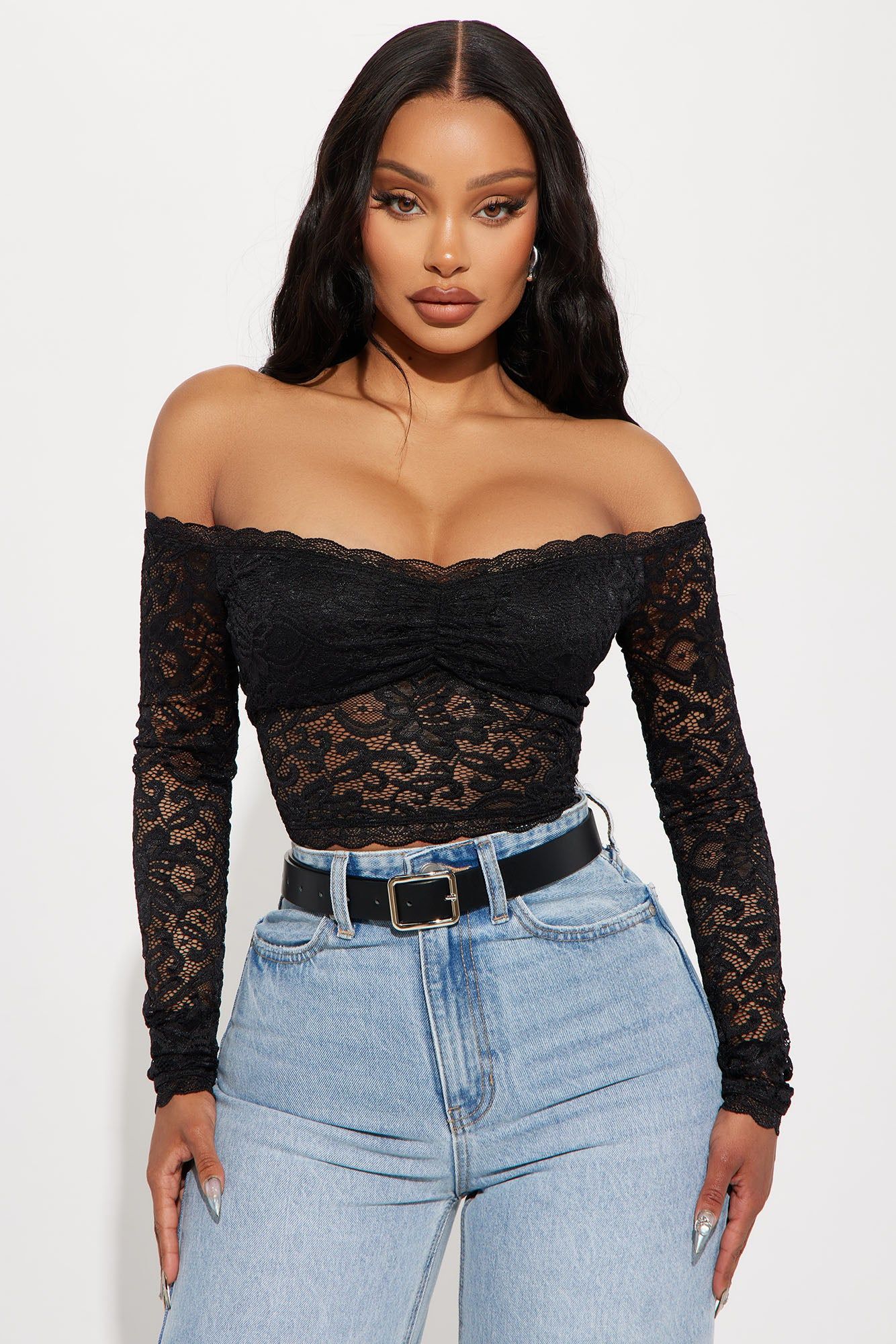 Emma Lace Off Shoulder Top - Black sold by Fashion Nova