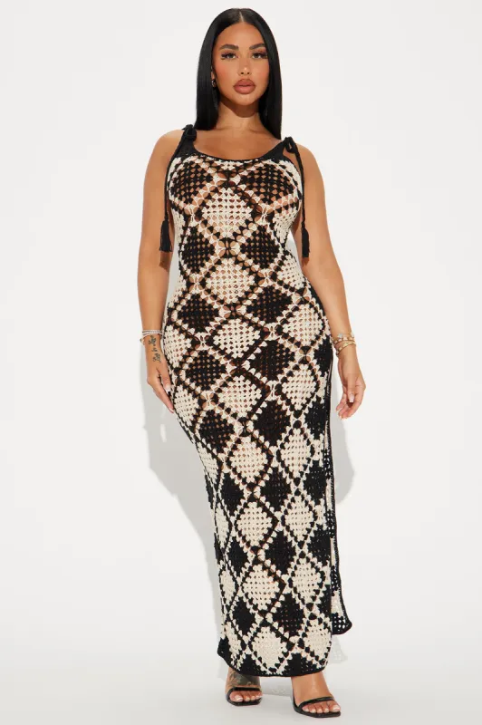 Rachel Crochet Maxi Dress - Taupe/combo sold by Fashion Nova