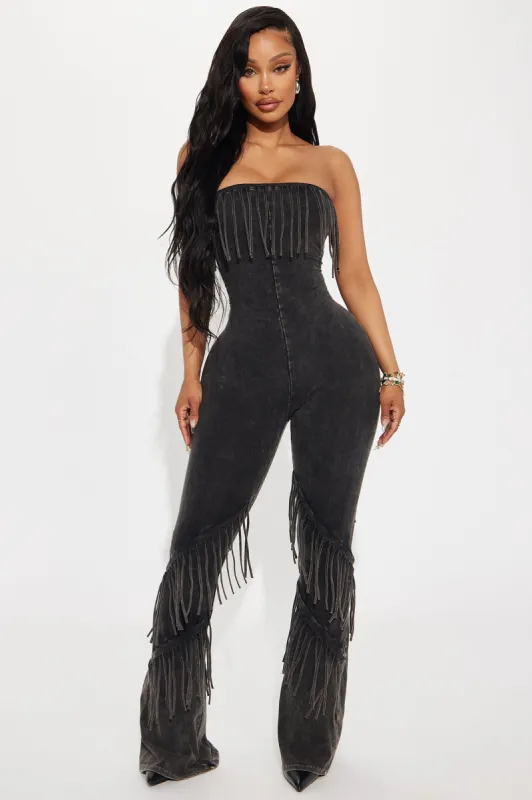 Good Times Fringed Jumpsuit - Charcoal sold by Fashion Nova