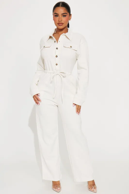 Chill Afternoon French Terry Jumpsuit - Cream sold by Fashion Nova