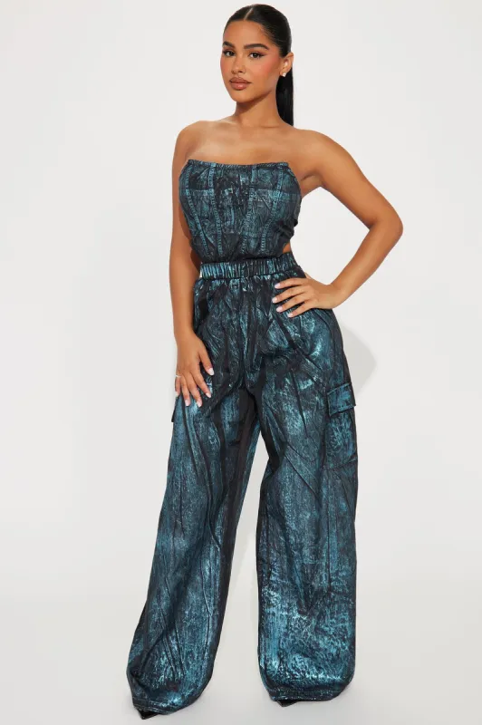 Kailee Metallic Jumpsuit - Black/combo sold by Fashion Nova