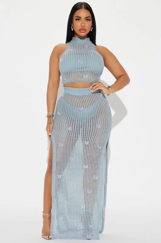Butterfly Paradise Crochet Skirt Set - Light Blue sold by Fashion Nova