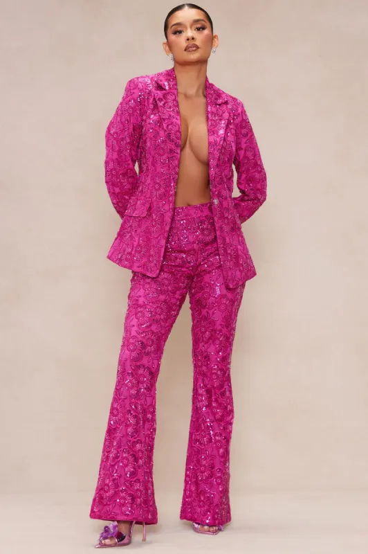 Adriannna Embroidered Sequin Pant - Fuchsia sold by Fashion Nova