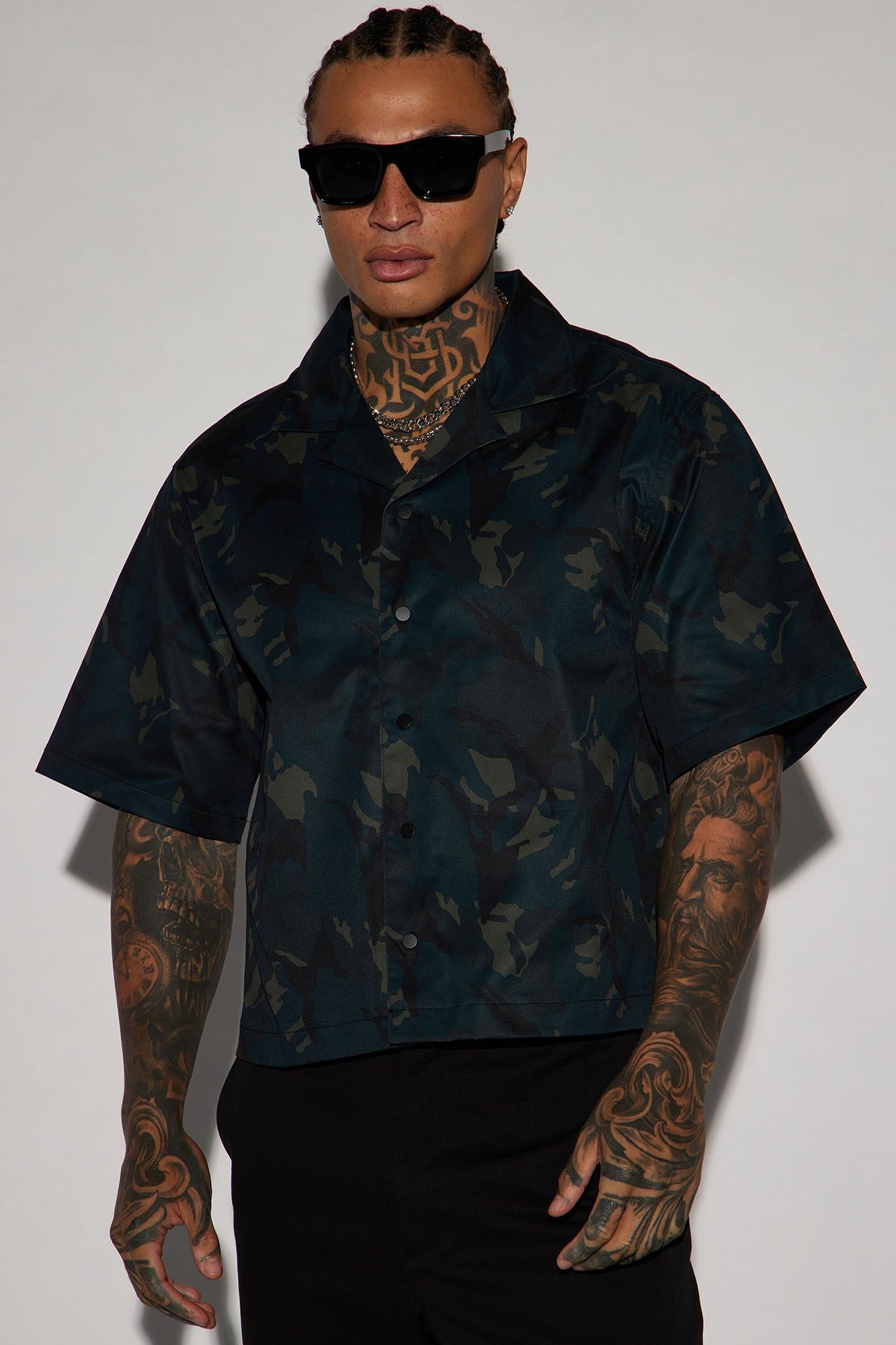 Night Opps Cropped Button Up Shirt - Camouflage sold by Fashion Nova
