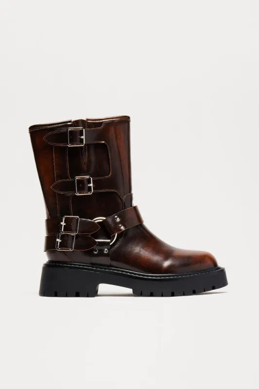 Motor Club Biker Boots - Brown/combo sold by Fashion Nova
