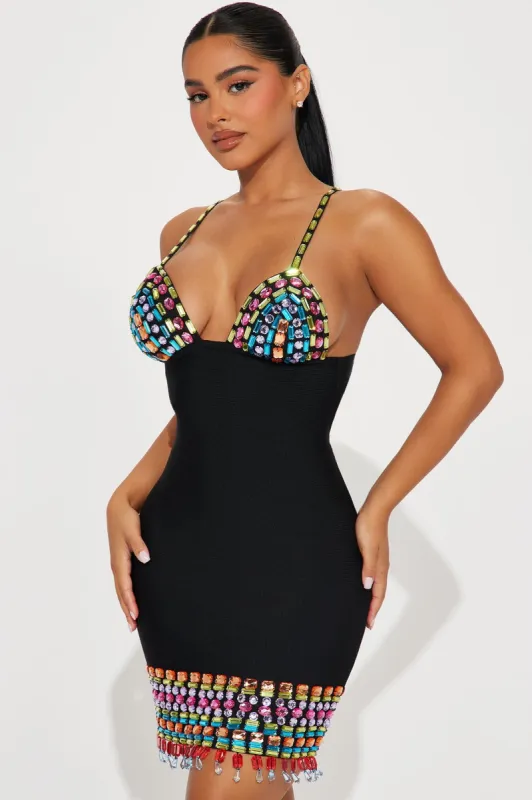 A Night In Madrid Embellished Bandage Mini Dress - Black sold by Fashion Nova