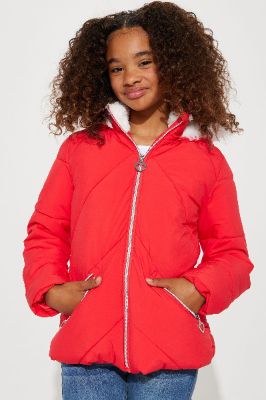Mini Keep My Heart Warm Puffer Jacket - Red sold by Fashion Nova