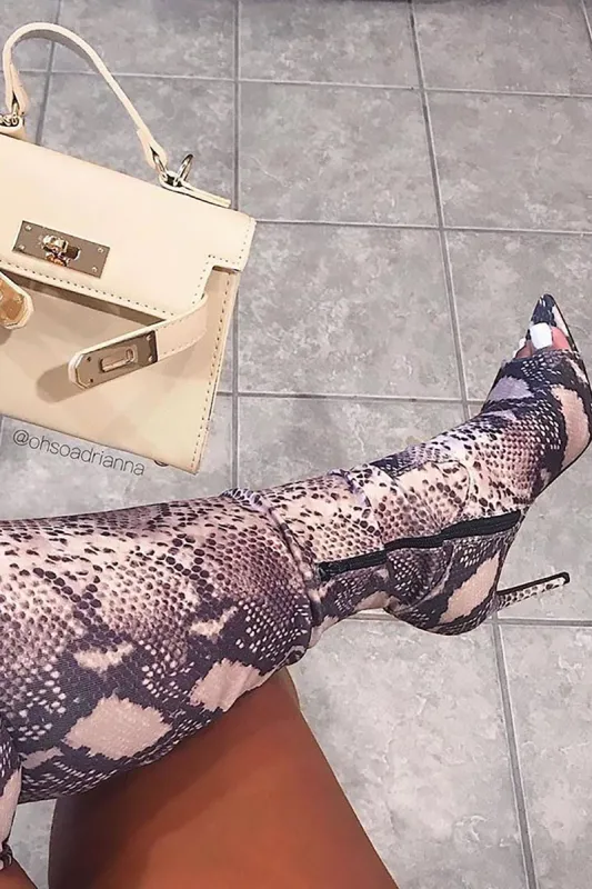 Famously Over The Knee Heeled Boot - Snake sold by Fashion Nova