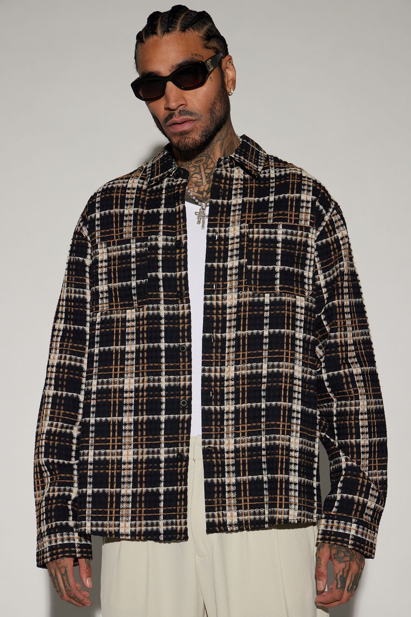 Take You On A Ride Textured Button Up Shirt - Black/combo sold by Fashion Nova