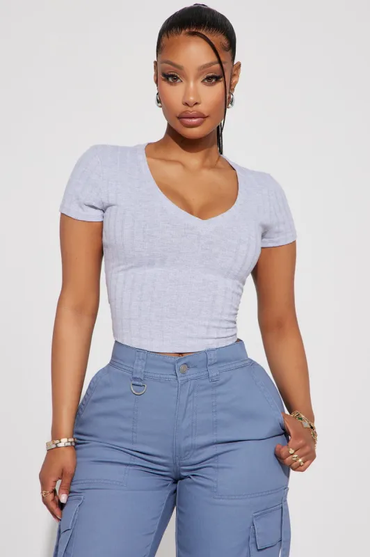 Valeria V-Neck Ribbed Tee - Heather Grey sold by Fashion Nova