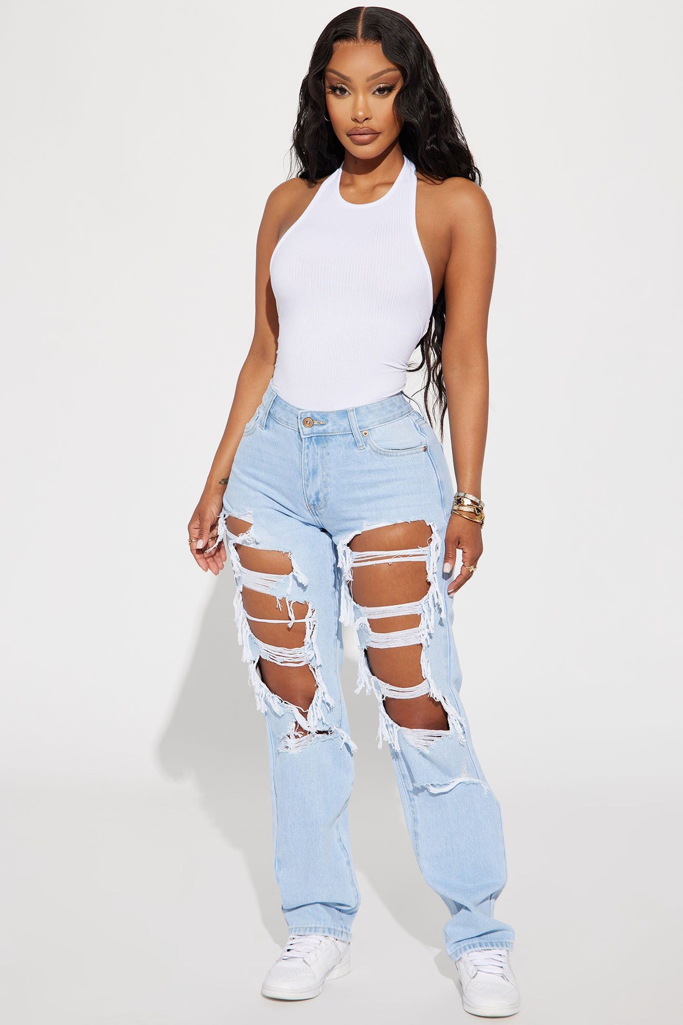 Perfect Fit Waistband Ripped Straight Leg Jean - Light Wash sold by Fashion Nova