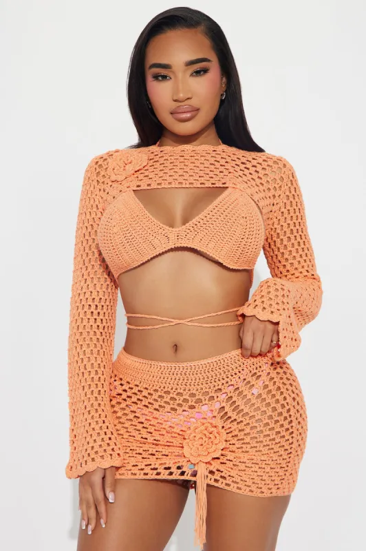 Rosa Rosette Crochet 3 Piece Cover Up Skirt Set - Orange sold by Fashion Nova