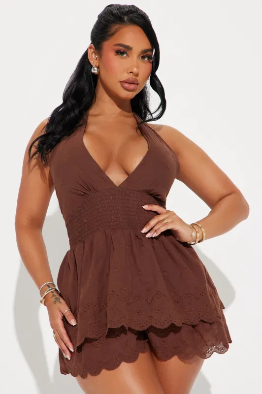 Don't Miss Me Romper - Chocolate sold by Fashion Nova