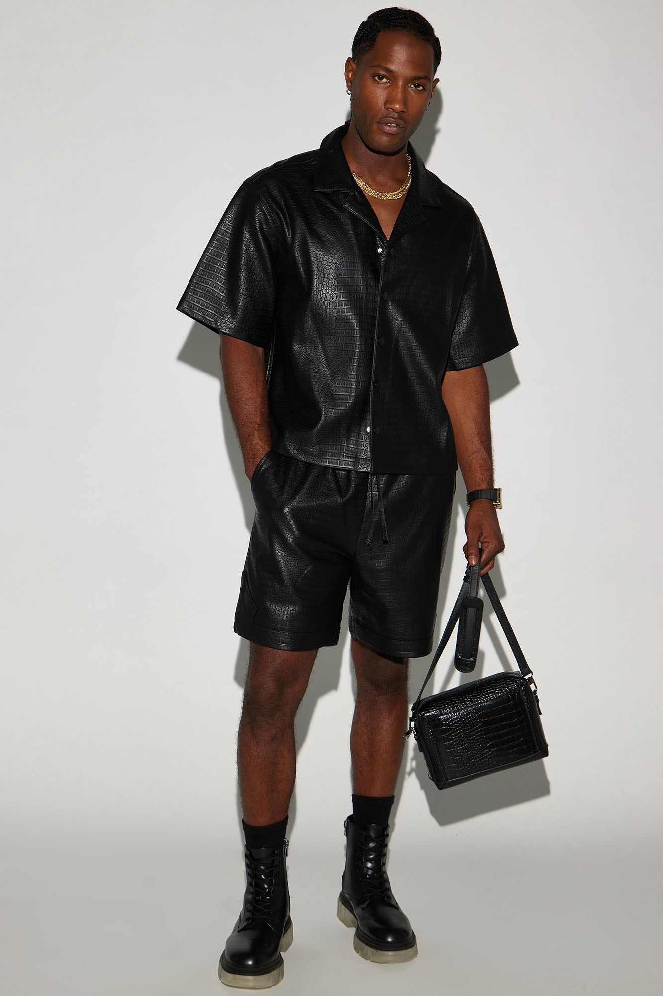 Gotta Run Faux Croc Leather Cropped Button Up Shirt - Black sold by Fashion Nova product image thumbnail 2