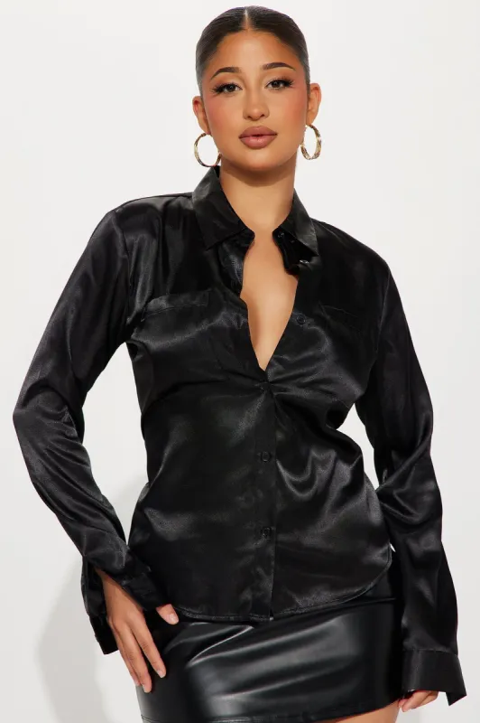You Better Work Satin Shirt - Black sold by Fashion Nova