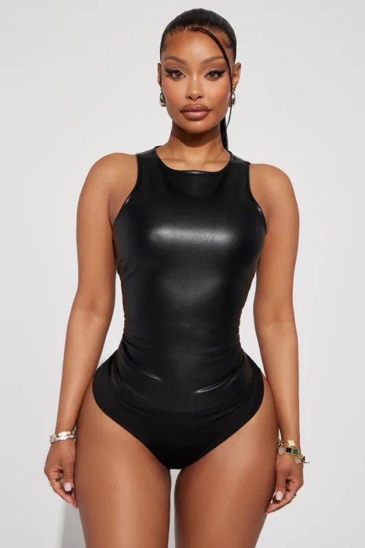 Never Look Back Faux Leather Bodysuit - Black sold by Fashion Nova
