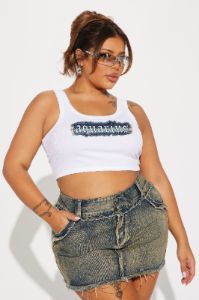 Aquarius Energy Denim Patch Tank Top - White sold by Fashion Nova