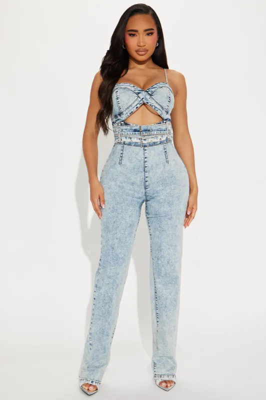 Causing Trouble Denim Jumpsuit - Light Wash sold by Fashion Nova