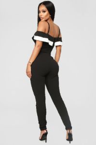 Isidora Off Shoulder Jumpsuit - Black/White sold by Fashion Nova