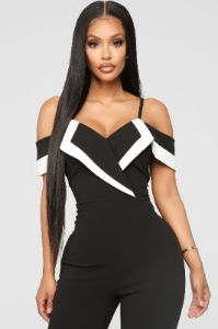 Isidora Off Shoulder Jumpsuit - Black/White sold by Fashion Nova
