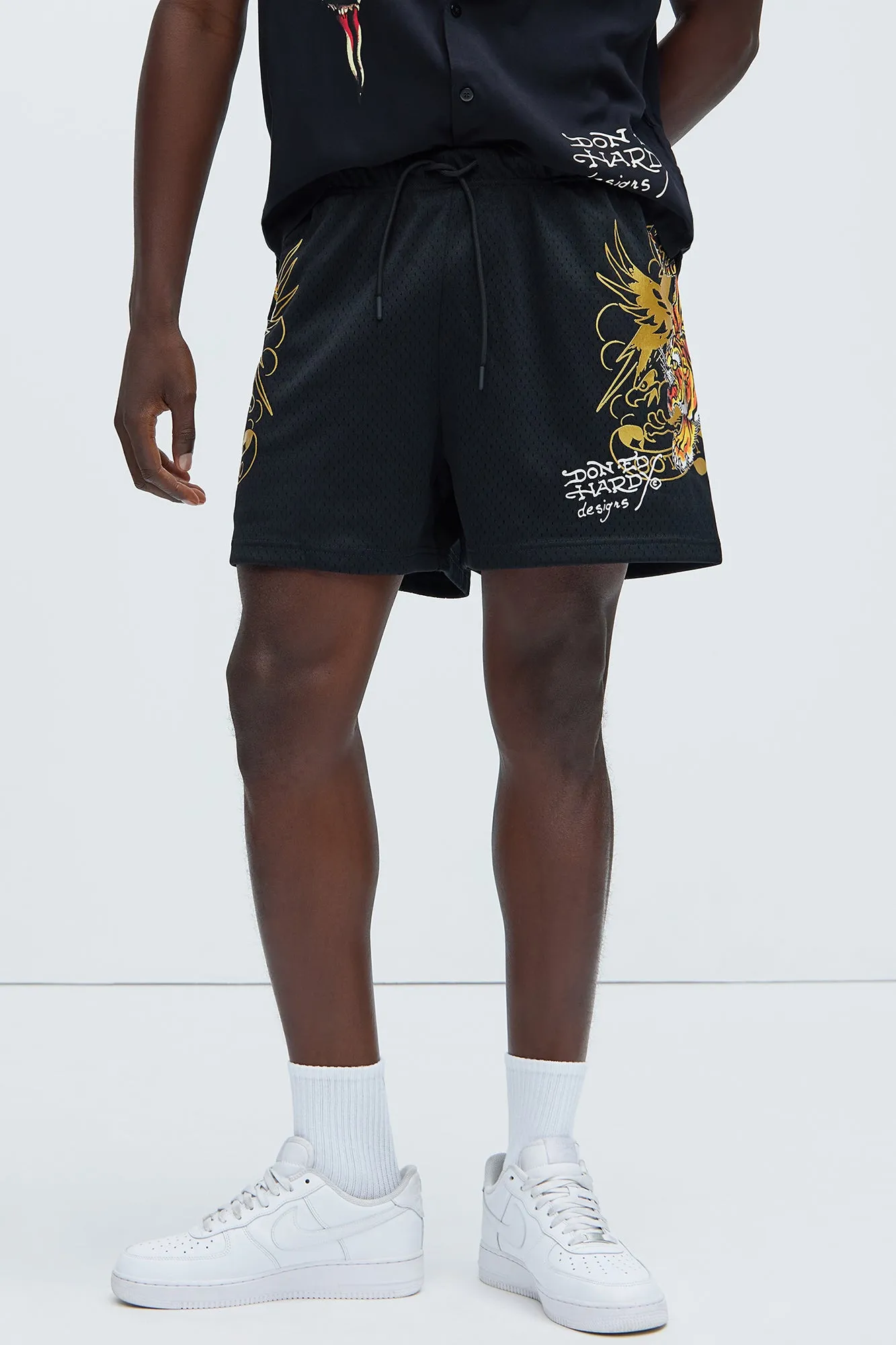 Ed Hardy Crawling Tiger Mesh Shorts - Black/combo sold by Fashion Nova