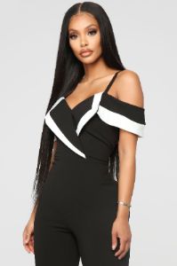 Isidora Off Shoulder Jumpsuit - Black/White sold by Fashion Nova