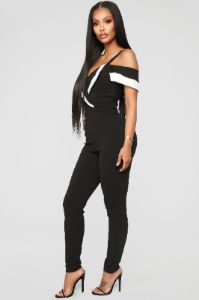 Isidora Off Shoulder Jumpsuit - Black/White sold by Fashion Nova