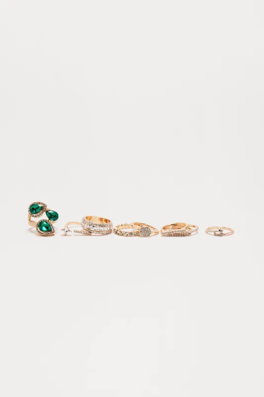Emerald Eyes 9 Piece Ring Set - Gold/Green sold by Fashion Nova