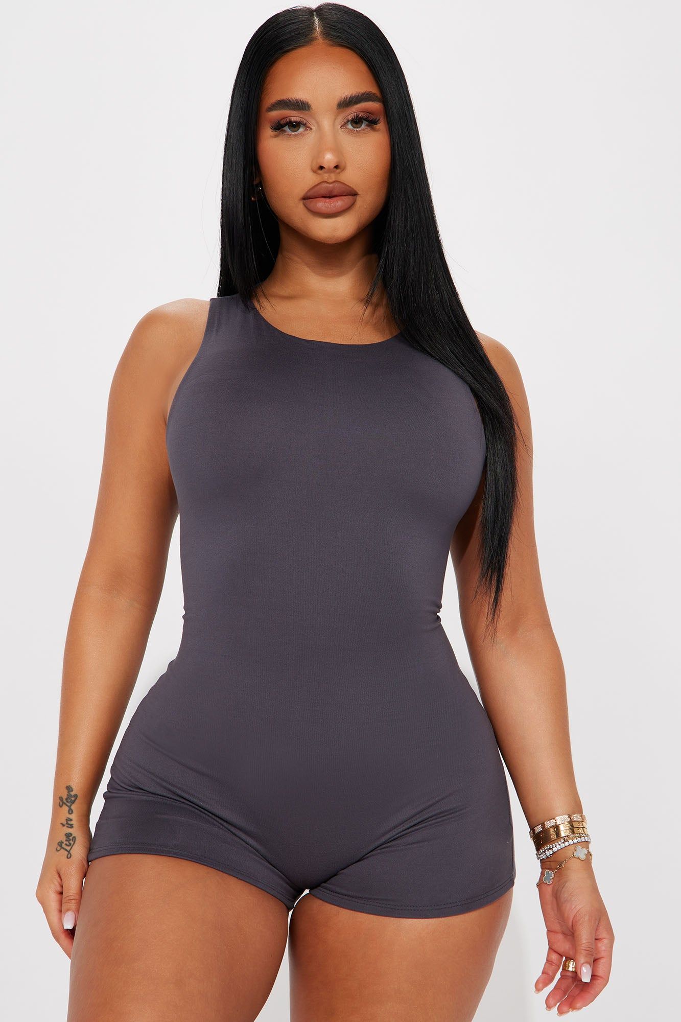 Tia Double Lined Romper - Charcoal sold by Fashion Nova